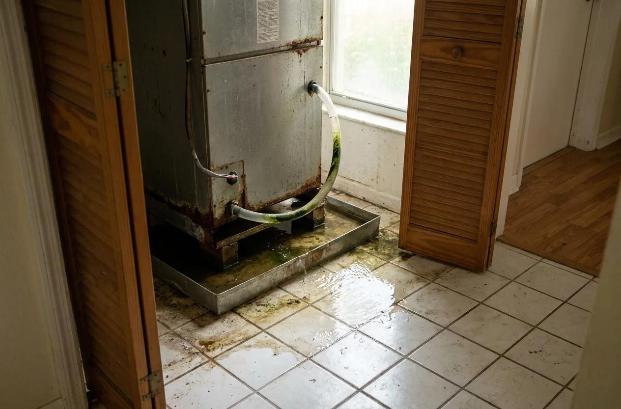 Air handler in a utility closet with its condensate pan overflowing onto the tile floor