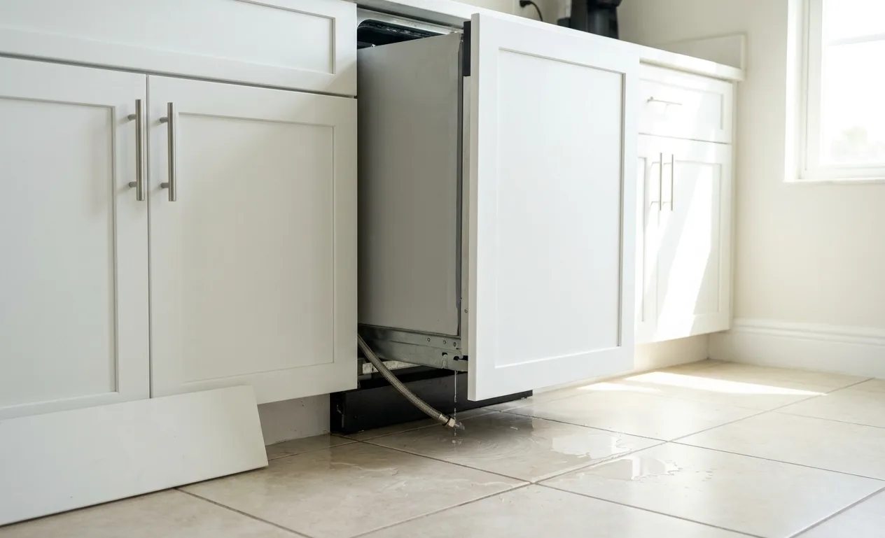 Panel-ready dishwasher pulled out with its supply line leaking onto the kitchen tile