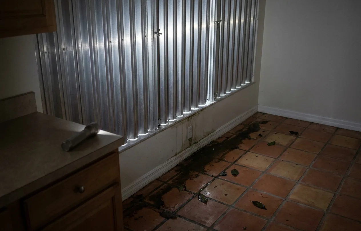 Hurricane shutters over windows with wind-driven rainwater along the tile floor inside