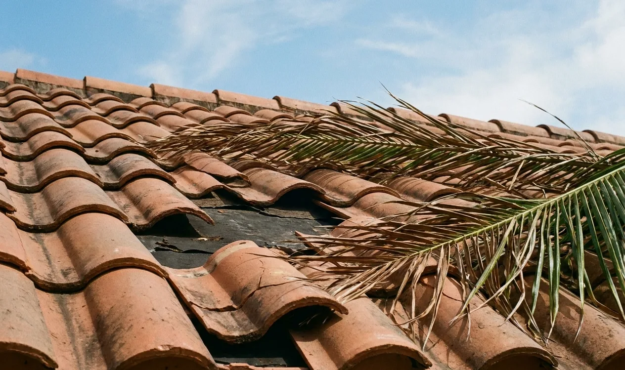 Cracked and shifted terracotta barrel roof tiles with a palm frond after high wind