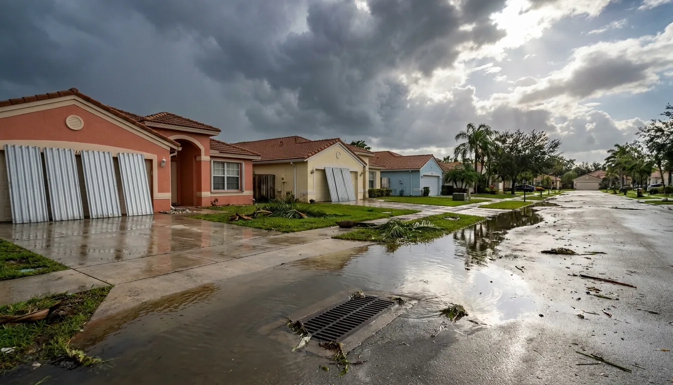 Rainwater ponding over a storm drain on a Pembroke Pines street after a tropical downpour