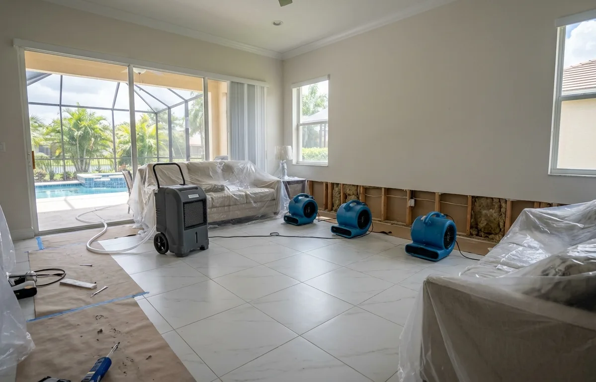 Living room with porcelain tile mid dry-out: flood cut, air movers and a dehumidifier by the pool door