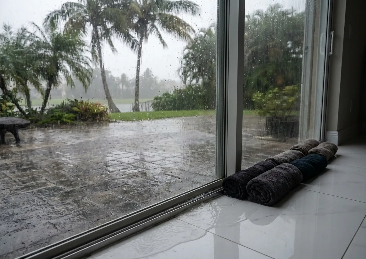 Summer storm water ponding on a patio and seeping under a sliding glass door