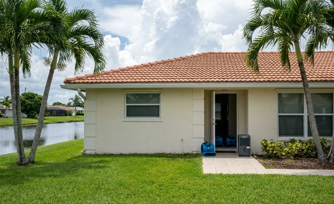 Stucco home with a barrel tile roof on a Pembroke Pines canal, drying equipment inside the open door