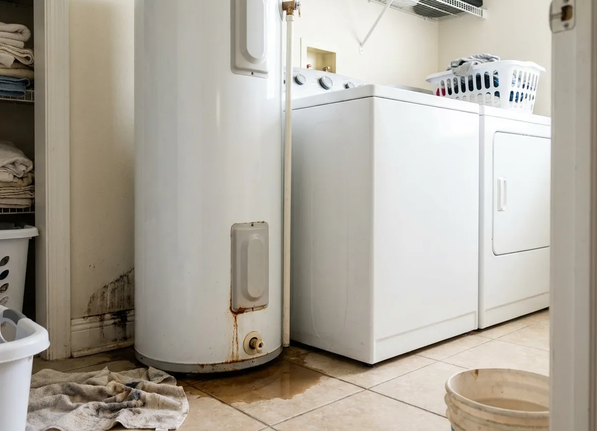 Leaking tank water heater beside a washer and dryer in a laundry room